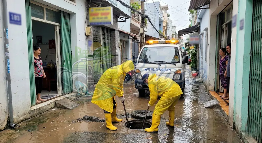 Kỹ thuật viên thi công hút hầm cầu sạch sẽ tại nhà trọ Dĩ An