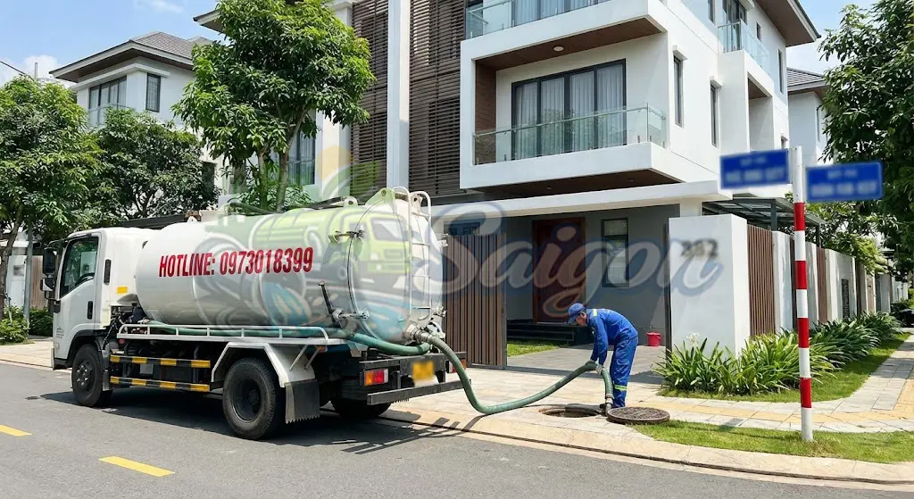 Kỹ thuật viên thi công hút hầm cầu sạch sẽ tại Hóc Môn